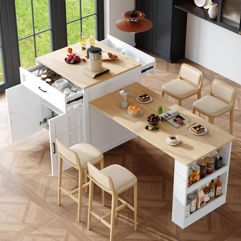 Table îlot extensible blanc 133-202 cm 2 tiroirs 4 casiers étagères latérales 2-6 personnes (1/5)