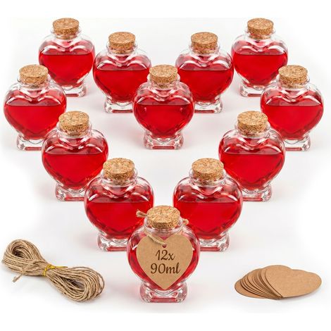 Relaxdays Glasflaschen 12er Set, Korken, Herzform, 90 ml, Öl, Essig, Gewürze, DIY Dekoflasche, Likörflasche, transparent