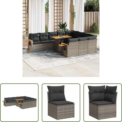 Gartenmöbel - 11-tlg. Garten-Sofagarnitur mit Kissen Grau Poly Rattan Akazie (1/5)