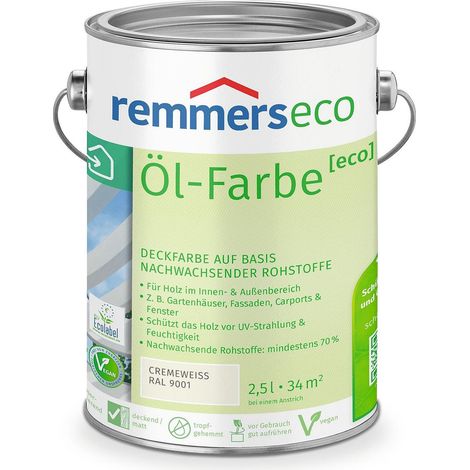 Remmers Öl-Farbe [eco] cremeweiß (RAL 9001), 2,5 Liter, Öko Farbe für Holz innen und außen, mit 3fach Schutz, nachhaltig, umweltfreundlich (1/5)