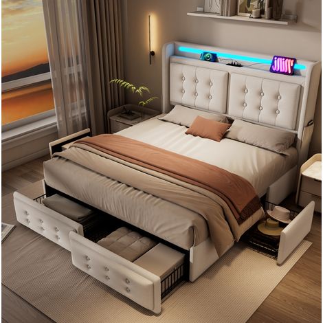 Letto imbottito moderno 180x200 cm in cotone-lino beige, con testiera LED, prese USB/Type-C, 4 cassetti e rete a doghe (1/5)