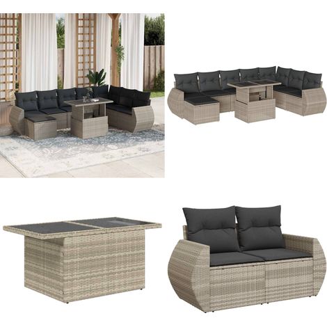 Set muebles jardín 9 pzas y cojines ratán sintético gris claro - Sofás de jardín - Cojines sintéticos