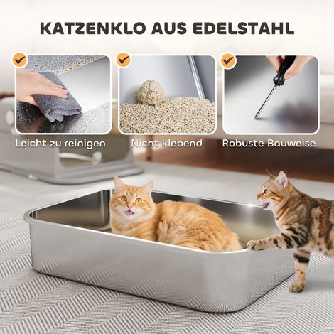 Bac à litière XXL en inox avec couvercle à charnière et pelle fournie, pour chats lourds jusqu'à 12 kg, facile à entretenir (1/4)