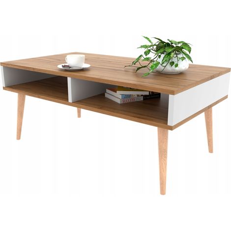 Table basse scandinave, banc/étagère en bois blanc (1/5)
