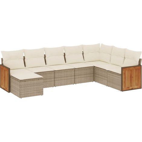 Ensemble Salon Jardin 8 Places Résine Tressée Beige avec Coussins Détachables - Canapé d'Angle, Sièges et Pouf Modulables (1/5)
