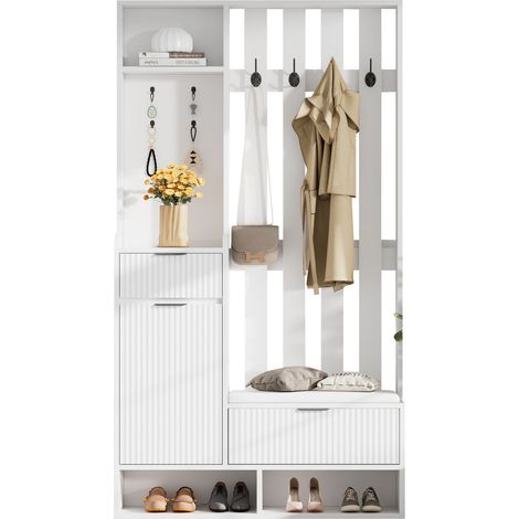 Portemanteau 6-en-1 10030180 cm, avec 8 crochets, banc à chaussures et étagères, anti-basculement, meuble d'entrée compact avec tiroirs et armoires, largeur 100 cm, meuble à chaussures, blanc (1/5)