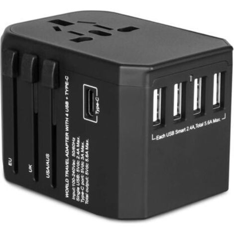 Universeller Reiseadapter mit 4 USB-Anschlüssen und 3A-Schnellladefunktion (Typ C), kompatibel mit USA/Japan/Europa