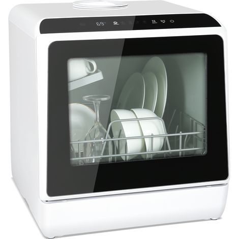 Puluomis – Lave-vaisselle compact 2 couverts – 5 programmes de lavage – Nettoyage à 360° – Double mode d'entrée d'eau – Blanc