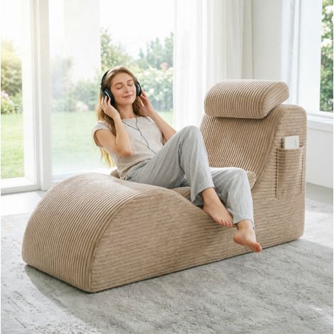 Fauteuil Canapé Lit Pliable en Velours Côtelé Beige – Chaise Lounge Modulable avec Mousse Haute Densité et Poche Latérale – Siège Ergonomique Confortable pour Salon, Chambre d'Amis et Bureau (Style Mo (1/4)