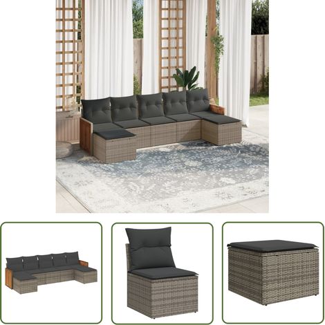The Living Store 7-tlg. Garten-Sofagarnitur mit Kissen Grau Poly Rattan - Gartenmöbel - Rattan Möbel - Lounge Set - Gartenlounge - Esszimmergarnitur (1/5)