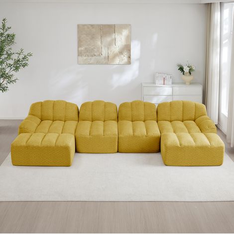 Sofá modular en U de 4 plazas con 2 otomanas, espuma 32D, tejido amarillo, REDOM (1/5)