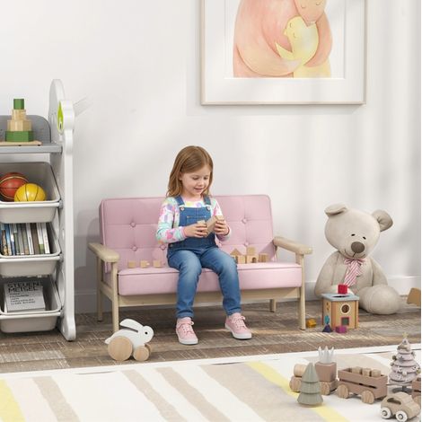 Canapé enfant 2 places 77 cm bois tissu rose HAVRYA (1/4)