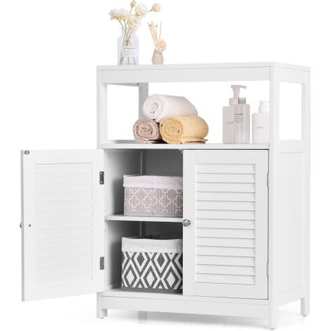 Bathroom Floor Cabinet Wooden Storage Organizer Freestanding Double Shutter Door (1/3)
