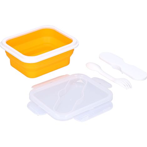 Boîte à lunch isotherme en silicone, portable, avec fourchette et cuillère intégrées, orange, 600 ml, idéale pour le bureau et l'école. (1/5)
