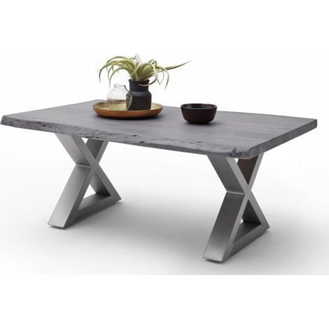 Table basse en bois d'acacia massif gris et acier inoxydable X - L.110 x H.45 x P.70 cm -PEGANE- (1/4)