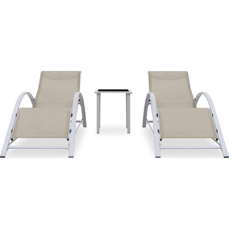 Chaises longues de jardin avec table Bain de soleil aluminium textilène Crème Lot de 2 (1/5)