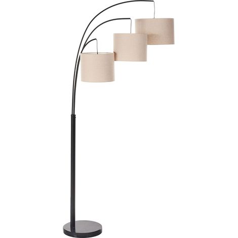 Lampada da terra industriale a 3 luci paralumi in metallo e tessuto di lino base in marmo beige e nero Caroni (1/5)