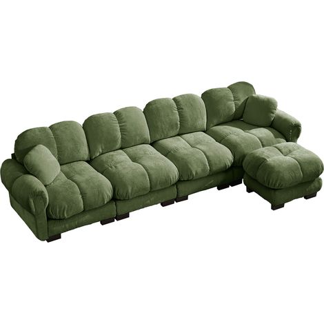 Sofá esquinero modular en L de 4 plazas en chenilla verde con ottomana móvil (1/5)