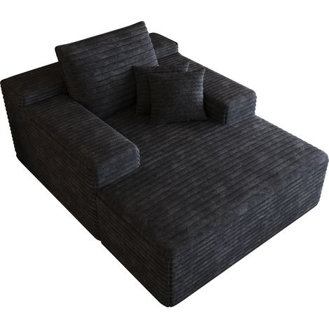 Canapé méridienne en velours côtelé noir, assise profonde et confort moelleux, sans montage, format compact pour salon ou chambre, convertible en espace détente CHICFURN (1/5)
