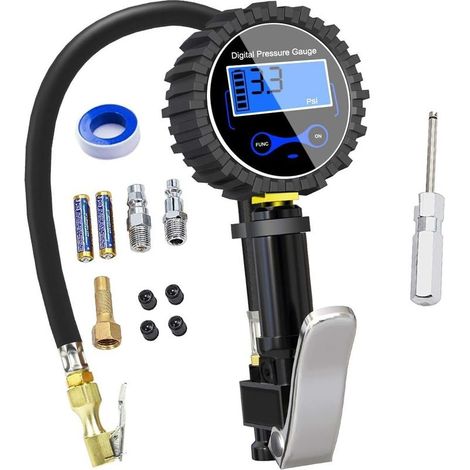 Manomètre numérique pour pneus 250 PSI – Précision ±1% – Gonflage avec compresseur d'air – Écran LCD – Accessoires inclus (1/5)