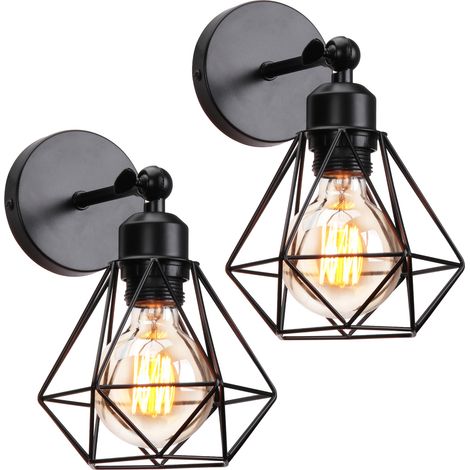 Diamant Applique Mural Intérieur Industrielle Vintage Luminaire Eclairage en Métal Noir 2PCS (1/5)