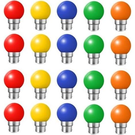 Pair Lot de 20 ampoules LED couleur B22, ampoules à baïonnette 2W, rouge, jaune, orange, vert et bleu, incassables (équivalent à une ampoule incandescente de 20W). (1/4)