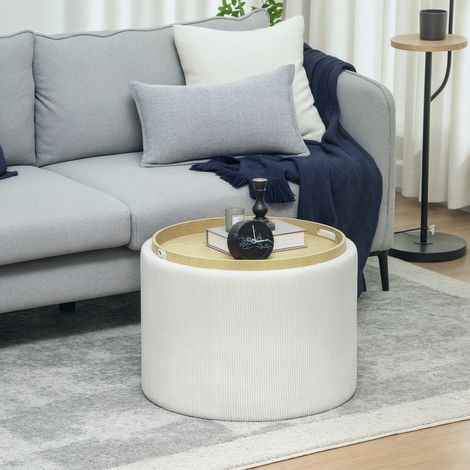 Pouf contenitore con vano portaoggetti, rotondo, poggiapiedi, tessuto in velluto a coste, MDF, bianco crema (1/5)