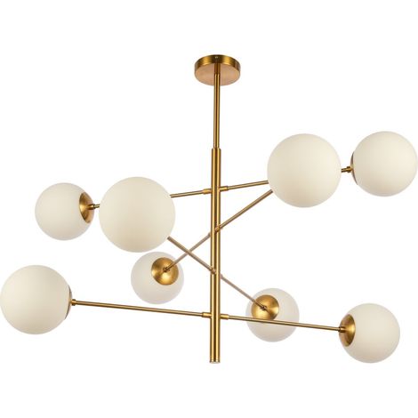 Lustre Suspension Design Moderne en Laiton Satiné et Verre Blanc 8 Lumières E27 - PANGIVO (1/2)