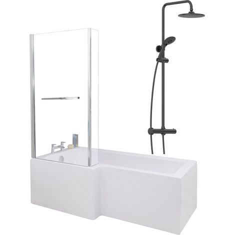 1700mm Bathroom L Shaped Bath Mixer Shower Screen LH White with Front Panel (1/5)