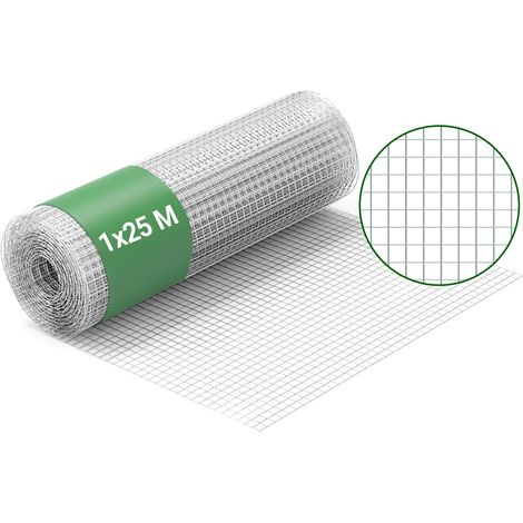 Wiltec Maschendrahtzaun 1 m x 25 m, 0,7 mm Drahtstärke 12x12 mm Maschengröße, Volierendraht 4-Eck aus Stahl verzinkt, Drahtgitter, Vogeldraht