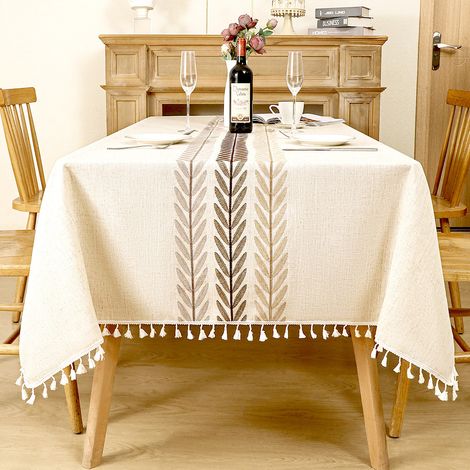 Nappe rectangulaire imperméable en coton et lin 140 x 180 cm avec pompons, élégante et compatible avec la décoration de table de cuisine. (1/4)