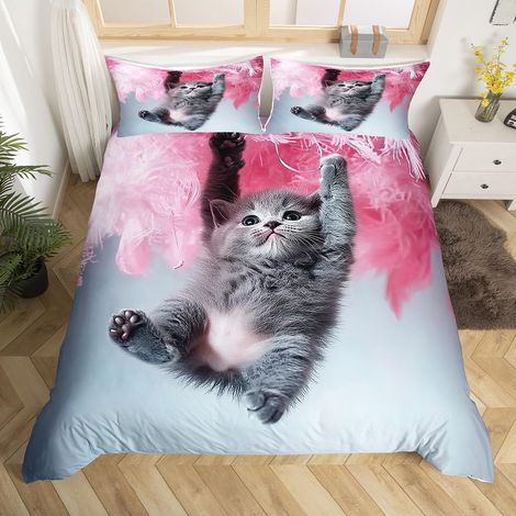 Cute Cat Duvet Cover 240 x 260 cm Girl Animals Bedding Set Pink Cat Feathers Duvet Cover Teenagers Child Bedding Set Microfibre (1/5)