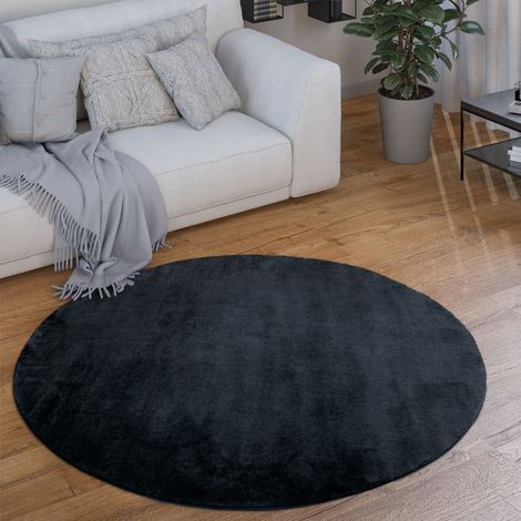 Paco Home Waschbarer Teppich Wohnzimmer Kurzflor Einfarbiger Moderner Stil Weich Blau Navy 200 cm Rund