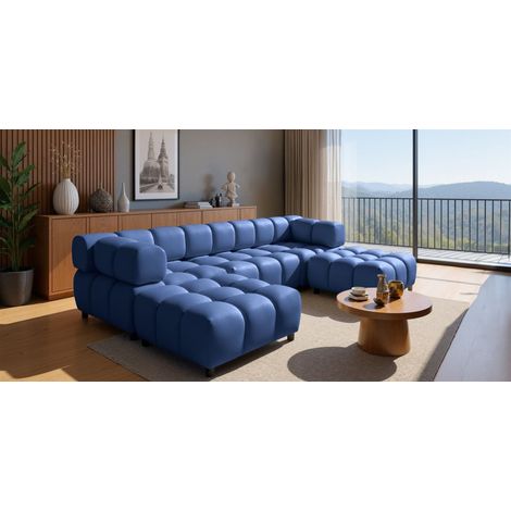 Sofa Designersofa FLOW 3-Sitzer inkl. 2 x Polsterhocker Stoff Bluvel Blau
