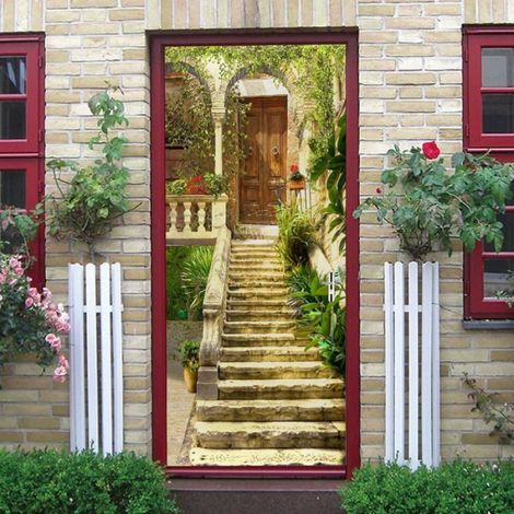 Sticker Porte Autocollant Poster De Porte 3D Jardin De Maison Médiévale Antique Italienne Mural Papier Peint Art Décor 77 x 200 cm (1/4)