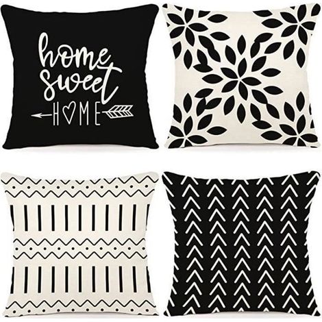 4 pcs housse de coussin en lin, 45x45 cm motif géométrique noir et blanc, pour canapé chambre à coucher et jardin (1/4)