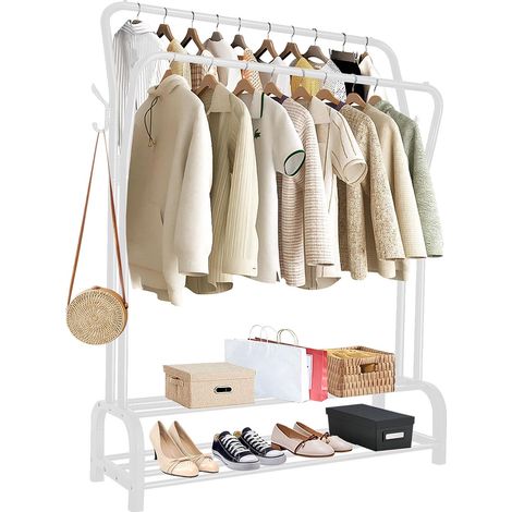 Holdfiturn Clothes Rail Metal Clothing Rail for Bedroom 146x36.5x109cm Hanging Rails Heavy Duty Clothes Drying Rack Coat Rack with Hooks and Shoe Storage Shelf White (1/5)