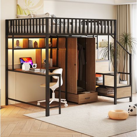 DESVIAE Lit mezzanine métal avec bureau armoire étagères tiroirs échelle de rangement LED prises USB Type C 140 x 200 cm noir (1/5)