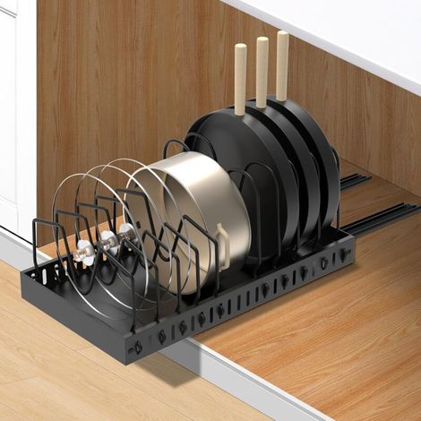 Support Extensible pour Couvercles de Casseroles avec 10 Compartiments Réglables – Organisateur Métal Noir pour Cuisine (1/4)