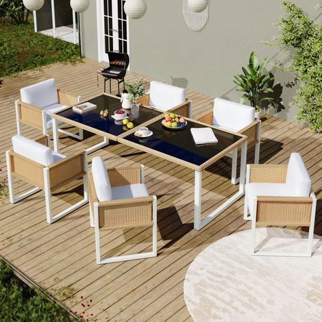 Salon de jardin 6 places, ensemble repas en polyrattan, fauteuils inclus, housses amovibles et lavables (1/5)