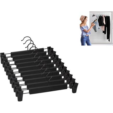 Lot de 10 cintres à pantalons avec pinces – Cintres gain de place antidérapants pour pantalons, jupes et vêtements – Support avec pinces – Noir (1/2)
