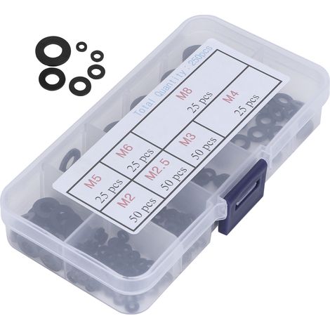 Set mit 250 schwarzen Nylon-Unterlegscheiben, Sortiment an Flachdichtungen M2 bis M8 für Heimwerker (1/5)