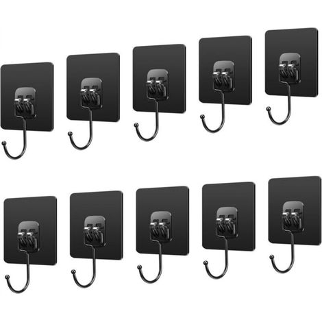 Pack of 10 black adhesive wall hooks, 10 kg (max.), for hanging bathrooms, ceilings, doors, kitchens, bathrobes and towel racks.