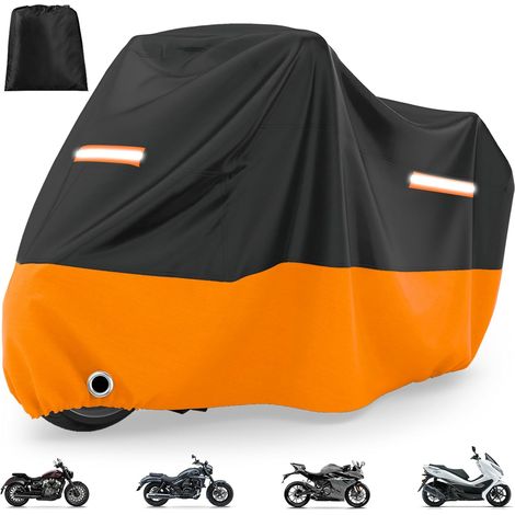 Housse imperméable pour moto d'extérieur – Housse de protection (protection UV, anti-poussière), avec œillet de verrouillage et sangle coupe-vent – ​​Noir et orange – 245 × 105 × 125 cm (1/5)
