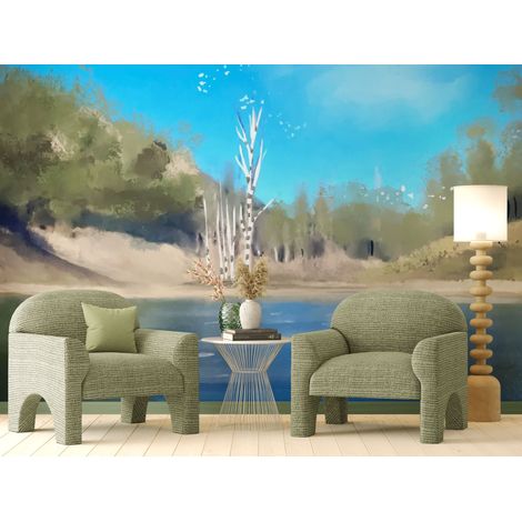 Papier peint paysage – Lac paisible aux bouleaux aquarellés - 150 x 250 cm (1/2)