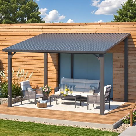 YODOLLA Pergola Adossée Aluminium 3 x 3.65m, Gazebo à Toit Rigide, Pergola Murale pour Terrasse Extérieur (1/4)