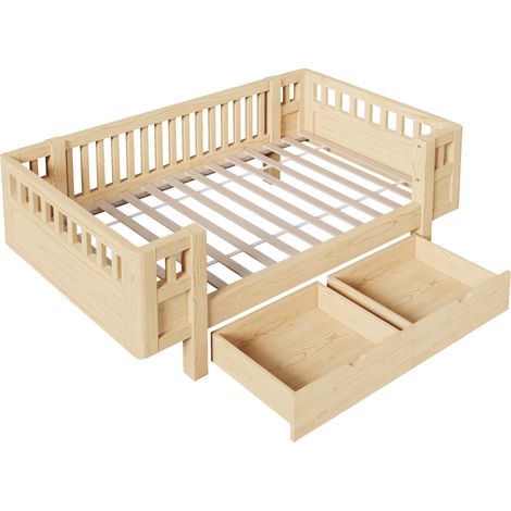 Letto 90 x 200 cm con barriera di sicurezza e 2 grandi cassetti effetto legno MODENUIT (1/5)
