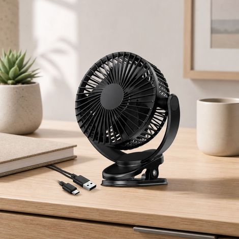 Mini USB Rechargeable Fan 5000 mAh – 3 Speeds – 360° Rotation – Clip-on Fan for Office, Camping and Car (1/5)
