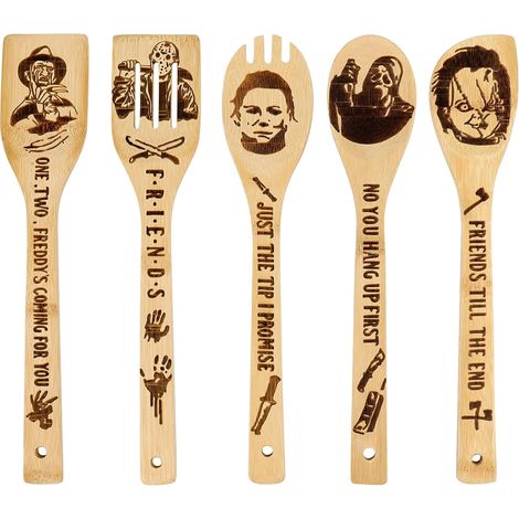 3 Cuillères en Bambou, Motifs Films d'Horreur, Usiles Cuisine, Décoration Halloween, Cadeau Fans Cinéma