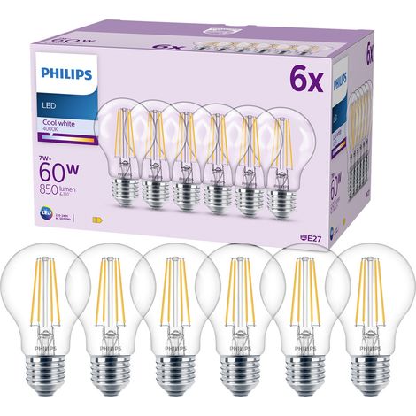 Philips LED E27 Standard Lampe (A60) Filament Klar 60 W Kaltweißes Licht - 6 Stück (1/4)